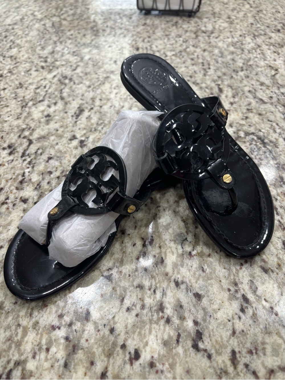 Tory Burch Black Patent Logo Thong Sandals